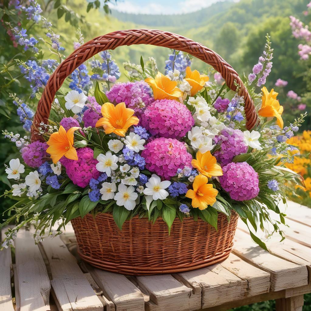  concept art ((masterpiece)),((best quality)),((highly detailed)),((realistic,))Beautiful wicker basket with flowers..bright colors.digital image,charming composition,Greg Rutkowski, isolated on a solid white background . digital artwork, illustrative, painterly, matte painting, highly detailed hyperrealistic, full body, detailed clothing, highly detailed, cinematic lighting, stunningly beautiful, intricate, sharp focus, f/1. 8, 85mm, (centered image composition), (professionally color graded), ((bright soft diffused light)), volumetric fog, trending on instagram, trending on tumblr, HDR 4K, 8K