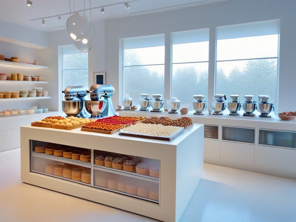  A serene and minimalist image of a beautifully decorated pastry workshop, with sleek marble countertops, pastelcolored KitchenAid stand mixers, neatly organized baking tools hanging on a pegboard, and elegant glass jars filled with colorful sprinkles and toppings. The soft natural light streaming through large windows casts a gentle glow over the scene, creating a peaceful and inviting atmosphere for aspiring pastry chefs. hyperrealistic, full body, detailed clothing, highly detailed, cinematic lighting, stunningly beautiful, intricate, sharp focus, f/1. 8, 85mm, (centered image composition), (professionally color graded), ((bright soft diffused light)), volumetric fog, trending on instagram, trending on tumblr, HDR 4K, 8K