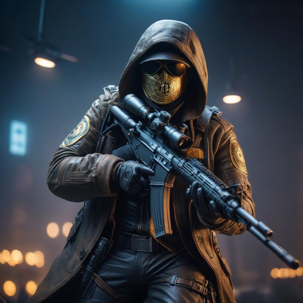  Bitcoin Sniper hyperrealistic, full body, detailed clothing, highly detailed, cinematic lighting, stunningly beautiful, intricate, sharp focus, f/1. 8, 85mm, (centered image composition), (professionally color graded), ((bright soft diffused light)), volumetric fog, trending on instagram, trending on tumblr, HDR 4K, 8K