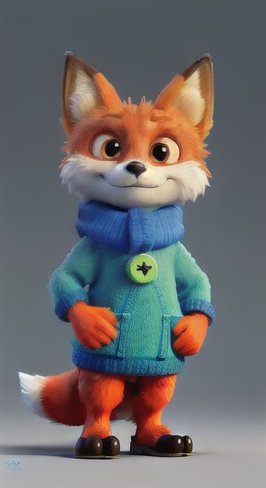  {Error the fox pressing the blue button with his paw, looking puzzled as nothing occurs., Error is a small, bright orange fox with a fluffy tail and big, inquisitive eyes. He has a mischievous yet kind expression and wears a tiny green scarf.