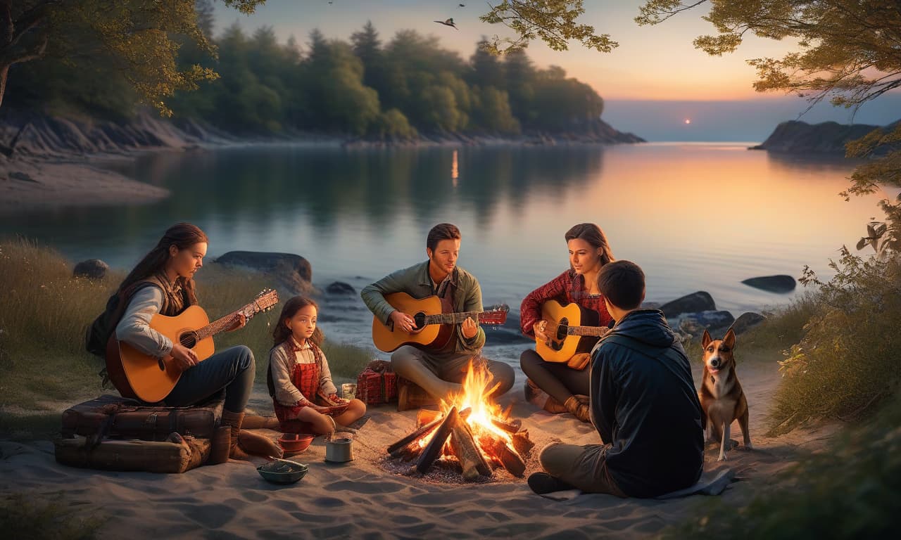  A picnic by the shore, not far from the tent, children set up a campfire and sing songs, play guitar, and dogs are nearby. hyperrealistic, full body, detailed clothing, highly detailed, cinematic lighting, stunningly beautiful, intricate, sharp focus, f/1. 8, 85mm, (centered image composition), (professionally color graded), ((bright soft diffused light)), volumetric fog, trending on instagram, trending on tumblr, HDR 4K, 8K