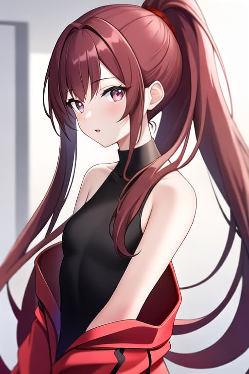 A high quality image of a beautiful small chested girl with long ponytail dark red hair and detailed amber coloured eyes wearing a