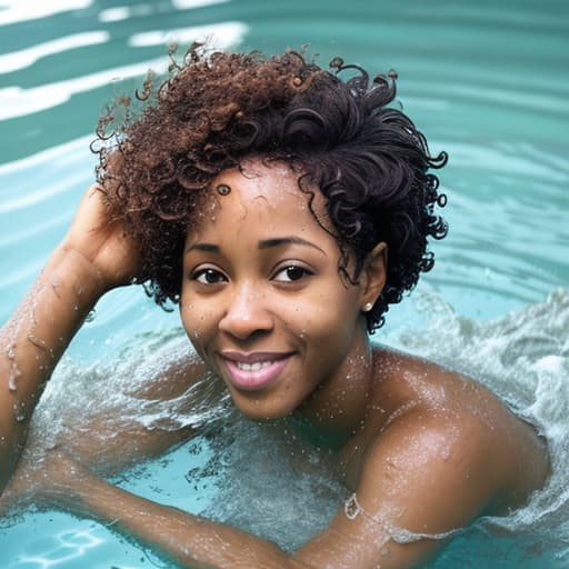  african woman with short and curly hair drowning in the water