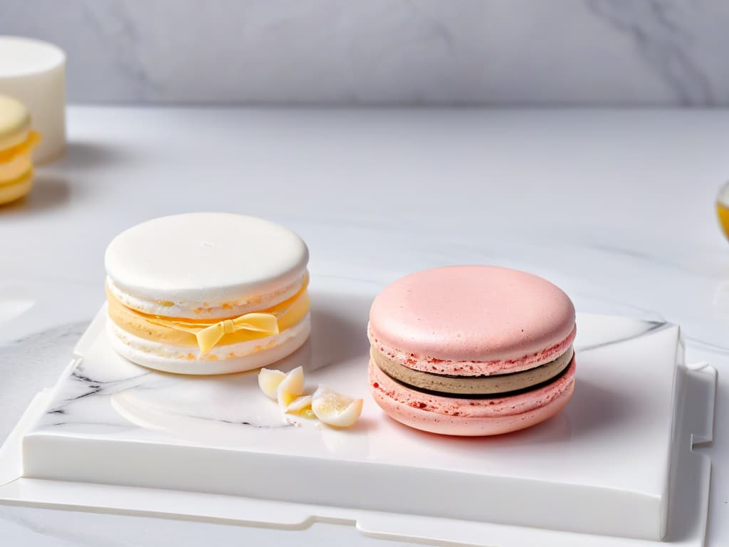  A closeup, ultradetailed image of a delicate, intricately designed glutenfree macaron resting on a pristine white marble surface. The macaron is perfectly formed, with a smooth, glossy exterior showcasing a vibrant pastel color that contrasts elegantly with the marble background. The details of the delicate shell, light feet, and luscious filling are exquisitely captured, presenting a visually stunning representation of glutenfree sweet treats reimagined with precision and artistry. hyperrealistic, full body, detailed clothing, highly detailed, cinematic lighting, stunningly beautiful, intricate, sharp focus, f/1. 8, 85mm, (centered image composition), (professionally color graded), ((bright soft diffused light)), volumetric fog, trending on instagram, trending on tumblr, HDR 4K, 8K