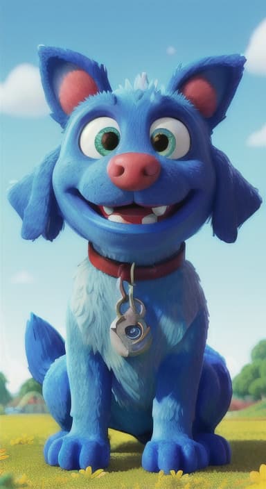  {Max carefully picking up the ball with his teeth without disturbing the flowers, The big blue dog is large with sky blue fur, big round eyes, a black nose, and floppy ears.