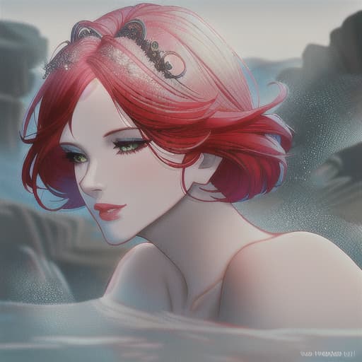  Mermaid , siren core , short red hair , bangs , round face hyperrealistic, full body, detailed clothing, highly detailed, cinematic lighting, stunningly beautiful, intricate, sharp focus, f/1. 8, 85mm, (centered image composition), (professionally color graded), ((bright soft diffused light)), volumetric fog, trending on instagram, trending on tumblr, HDR 4K, 8K