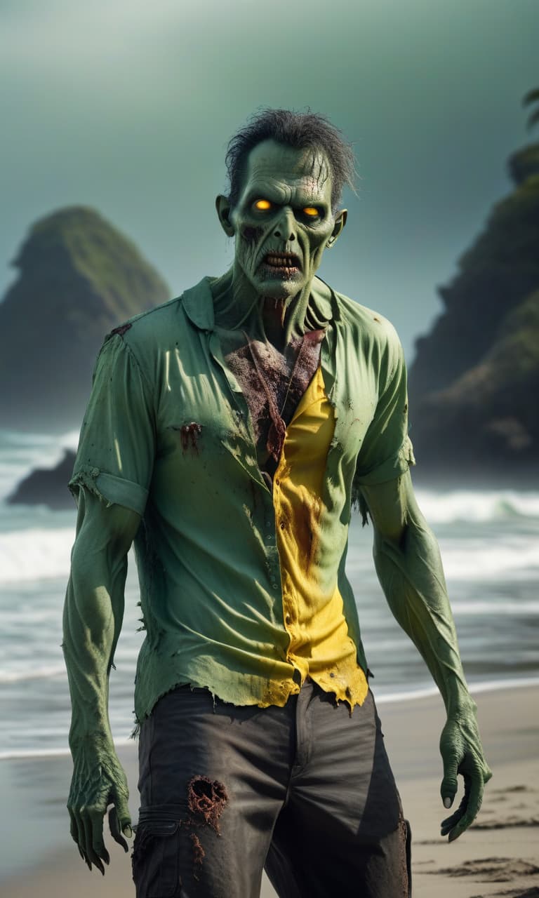  A zombie man in a beach theme, green skin, round yellow eyes, and a torn shirt. hyperrealistic, full body, detailed clothing, highly detailed, cinematic lighting, stunningly beautiful, intricate, sharp focus, f/1. 8, 85mm, (centered image composition), (professionally color graded), ((bright soft diffused light)), volumetric fog, trending on instagram, trending on tumblr, HDR 4K, 8K