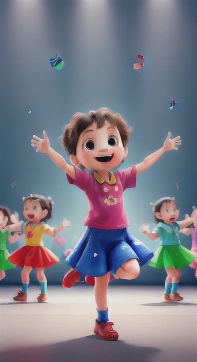  {Children singing and dancing with wide smiles and musical notes floating around them., Kids joyfully dancing and singing, showing their energy and happiness.