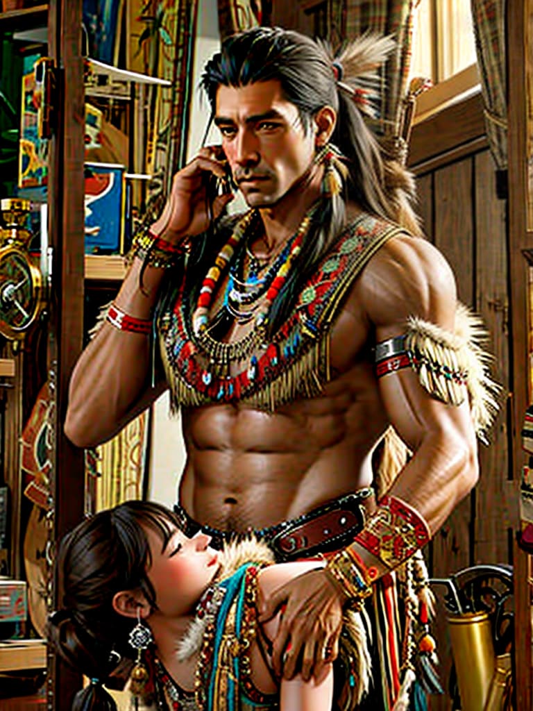  masterpiece, best quality, official art, extremely detailed cg 8k, tall native american female bodybuilder, lifting her older brother over her head