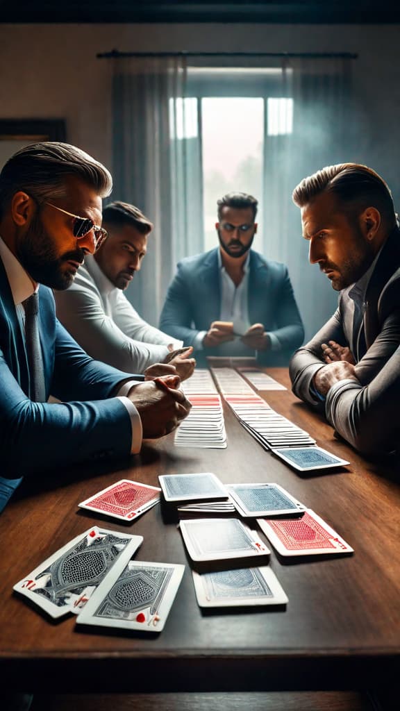  In the dimly lit room, a tension filled atmosphere surrounds a group of strangers sitting around a table. Each of them holds a set of cards, their faces reflecting a mix of determination and nervousness. hyperrealistic, full body, detailed clothing, highly detailed, cinematic lighting, stunningly beautiful, intricate, sharp focus, f/1. 8, 85mm, (centered image composition), (professionally color graded), ((bright soft diffused light)), volumetric fog, trending on instagram, trending on tumblr, HDR 4K, 8K