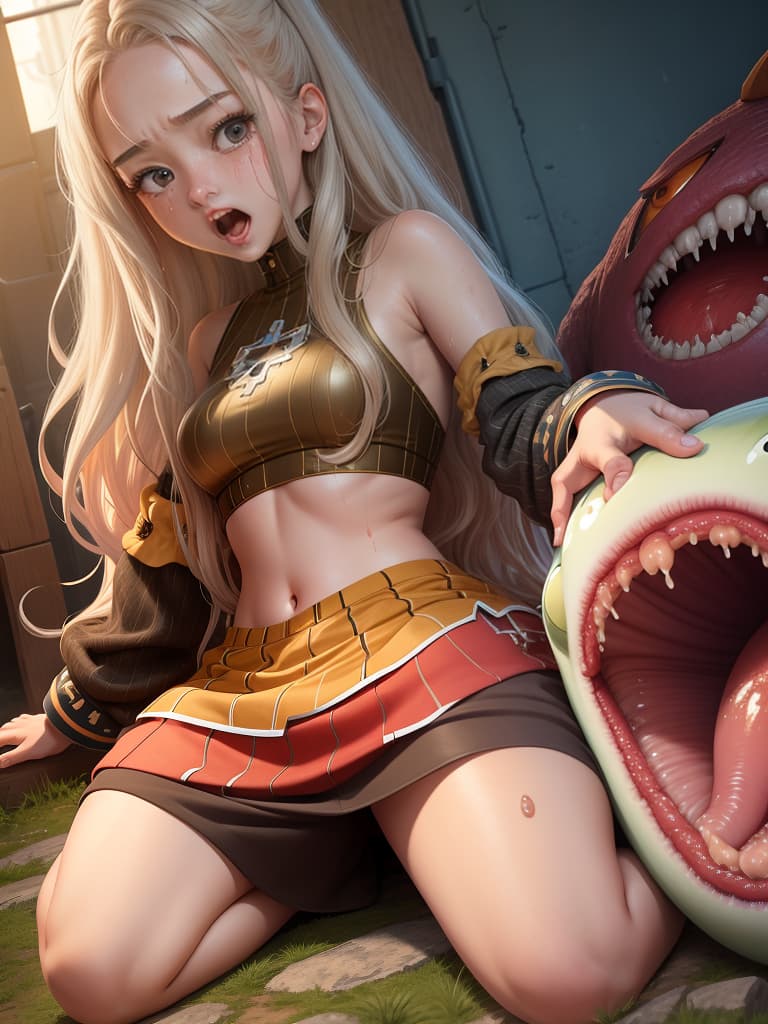  masterpiece, best quality, official art, extremely detailed cg 8k, 1 , long hair female human with gigantic ies and gigantic wearing small white crop top , age, side, female cross eyed, female exhausted, female in immense pain, female blushing, female drenched in slimy , female looking up at monster, monsters violently grabbing female’, female shocked expression, in jail cell, female being forced onto the ground, humongous monsters forcing their mive into female’s mouth and , female scared