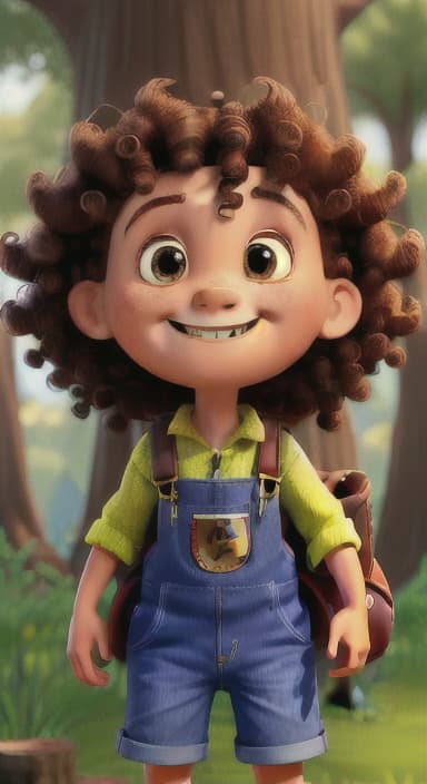  {The tree with a smiling face formed by its bark, looking down at Riley., Riley, a curious with big brown eyes and curly hair, wearing overalls and carrying a small backpack. Their friend, Skye, a bluebird with shiny feathers.