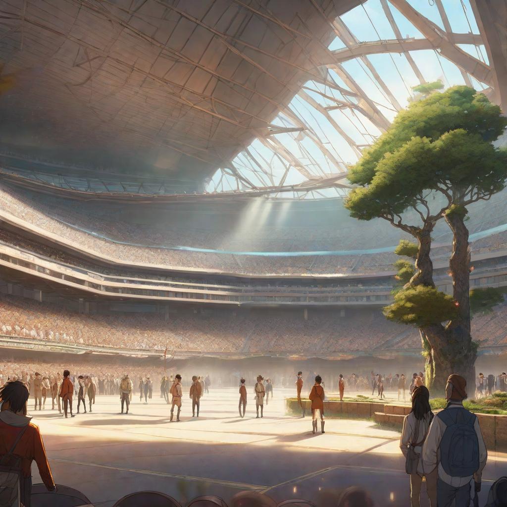  A group of people enter a stadium., anime concept art by Hayao Miyazaki, featured on pixiv, fantasy art, concept art, official art, high detailed hyperrealistic, full body, detailed clothing, highly detailed, cinematic lighting, stunningly beautiful, intricate, sharp focus, f/1. 8, 85mm, (centered image composition), (professionally color graded), ((bright soft diffused light)), volumetric fog, trending on instagram, trending on tumblr, HDR 4K, 8K