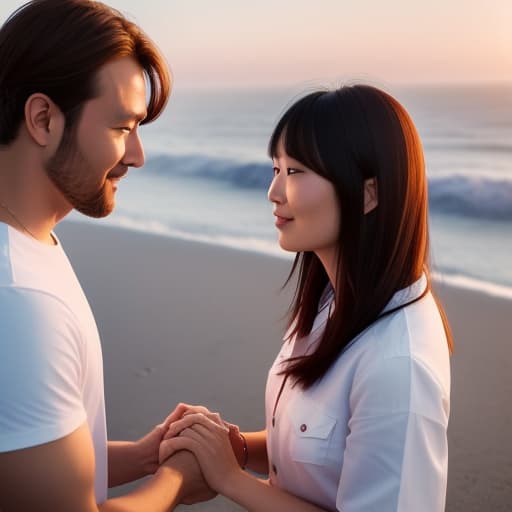  (Asian girl) with brown hair in a white skirt and a red shirt, (European man) with blonde hair and blue jeans, a loving couple, holding hands, beach, sunset, palm trees, love, extreme details, profile angle. hyperrealistic, full body, detailed clothing, highly detailed, cinematic lighting, stunningly beautiful, intricate, sharp focus, f/1. 8, 85mm, (centered image composition), (professionally color graded), ((bright soft diffused light)), volumetric fog, trending on instagram, trending on tumblr, HDR 4K, 8K