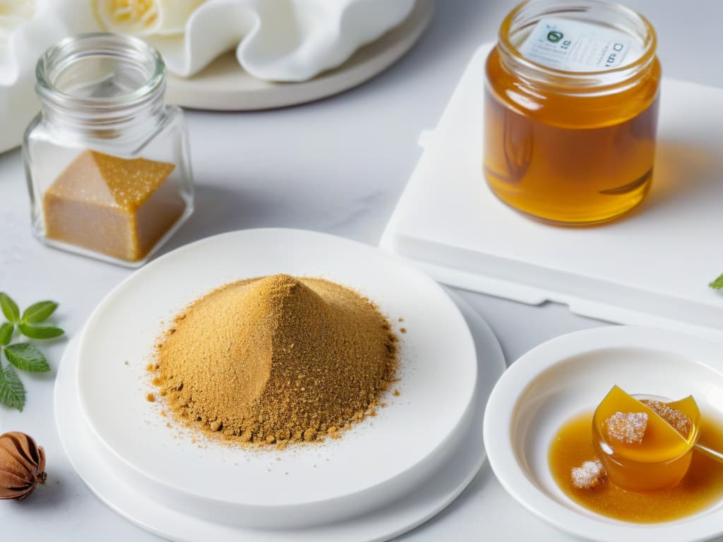  A closeup, ultradetailed image of various types of natural and artificial sweeteners beautifully arranged on a sleek, modern white marble surface. The assortment includes honey in a golden jar, stevia leaves, coconut sugar in a glass jar, raw cane sugar crystals, and a small dish of powdered erythritol. The different textures, colors, and shapes of the sweeteners create a visually striking and informative composition, perfect for a professional and inspiring article on selecting the best sweeteners for baking. hyperrealistic, full body, detailed clothing, highly detailed, cinematic lighting, stunningly beautiful, intricate, sharp focus, f/1. 8, 85mm, (centered image composition), (professionally color graded), ((bright soft diffused light)), volumetric fog, trending on instagram, trending on tumblr, HDR 4K, 8K