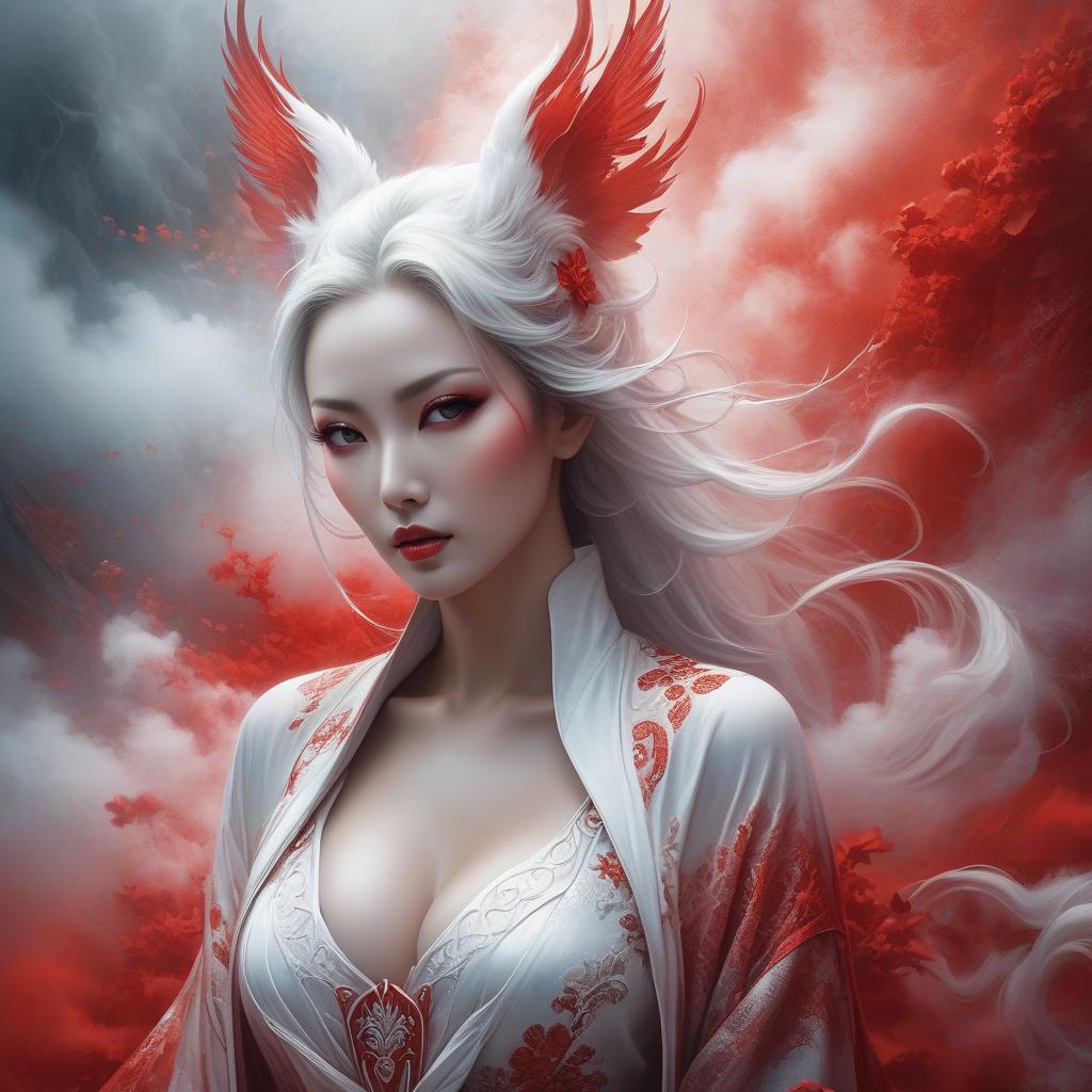  Beautiful woman, red and white mood, mist, mystical, extremely detailed, detailed background, realistic, art by Ryohei Hase hyperrealistic, full body, detailed clothing, highly detailed, cinematic lighting, stunningly beautiful, intricate, sharp focus, f/1. 8, 85mm, (centered image composition), (professionally color graded), ((bright soft diffused light)), volumetric fog, trending on instagram, trending on tumblr, HDR 4K, 8K