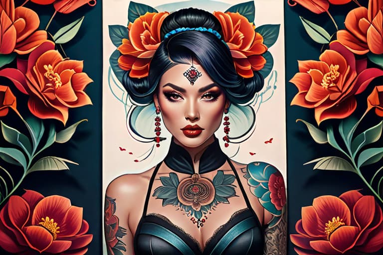  Female face, flowers, neo traditional tattoo on paper hyperrealistic, full body, detailed clothing, highly detailed, cinematic lighting, stunningly beautiful, intricate, sharp focus, f/1. 8, 85mm, (centered image composition), (professionally color graded), ((bright soft diffused light)), volumetric fog, trending on instagram, trending on tumblr, HDR 4K, 8K