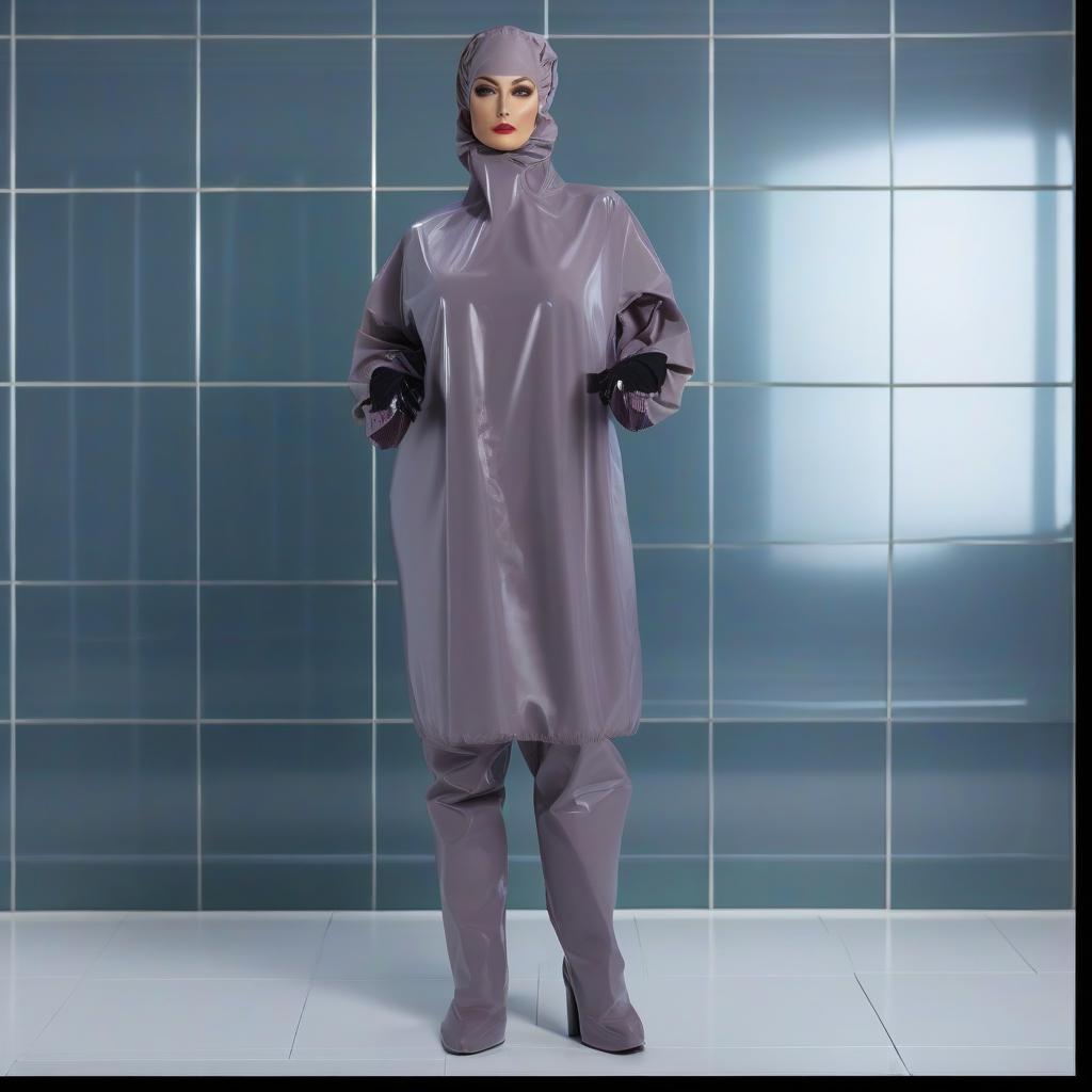  "(Highly detailed: 1.2), (lone female surgeon standing: 1.1) in (glossy latex: 1.2) (dark green: 1.1) and (dark blue: 1.1), (full length: 1.2), (front view: 1.2), (full face:1.2), • Surgical outfit: (Glossy Straight Fit Latex Surgical Gown: 1.1), (Fit Size: 1.1), (Knee Length: 1.2), (Closed Collar: 1.1), (No Pockets: 1.1), (elastic waistband: 1.1), (long sleeves: 1.1), (elastic cuffs: 1.1), (glossy shower cap with elastic ribbon: 1.1, (surgical mask with glossy ribbon ties: 1.2), (ankle length surgical trousers in glossy latex: 1.1), (shoe covers: 1.1) (knee high: 1.1) or (boot style: 1.1), (long surgical gloves: 1.1). • two color surgical gown: (The gown is worn backwards, fastened at the back, tied at the neck and waist) (The dress i hyperrealistic, full body, detailed clothing, highly detailed, cinematic lighting, stunningly beautiful, intricate, sharp focus, f/1. 8, 85mm, (centered image composition), (professionally color graded), ((bright soft diffused light)), volumetric fog, trending on instagram, trending on tumblr, HDR 4K, 8K