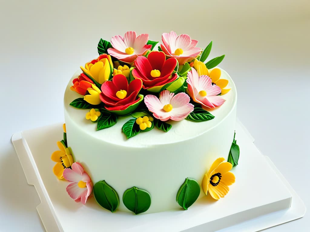  A stunning, ultradetailed image of a delicate, intricately designed sugar flower bouquet atop a perfectly frosted gourmet cake. The vibrant colors of the edible blooms pop against the pristine white frosting, showcasing the artistry and precision of advanced pastry decoration techniques. Each petal and leaf is flawlessly crafted, embodying elegance and sophistication in the world of gourmet pastry artistry. hyperrealistic, full body, detailed clothing, highly detailed, cinematic lighting, stunningly beautiful, intricate, sharp focus, f/1. 8, 85mm, (centered image composition), (professionally color graded), ((bright soft diffused light)), volumetric fog, trending on instagram, trending on tumblr, HDR 4K, 8K