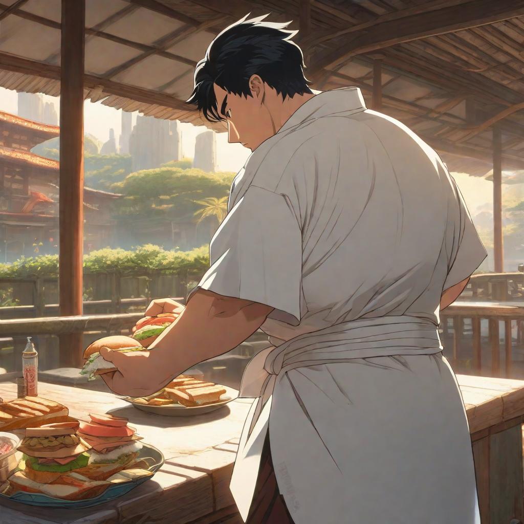  The picture shows a fat young man from behind, with black hair, wearing a karate uniform, eating a sandwich., anime concept art by Hayao Miyazaki, featured on pixiv, fantasy art, concept art, official art, high detailed hyperrealistic, full body, detailed clothing, highly detailed, cinematic lighting, stunningly beautiful, intricate, sharp focus, f/1. 8, 85mm, (centered image composition), (professionally color graded), ((bright soft diffused light)), volumetric fog, trending on instagram, trending on tumblr, HDR 4K, 8K