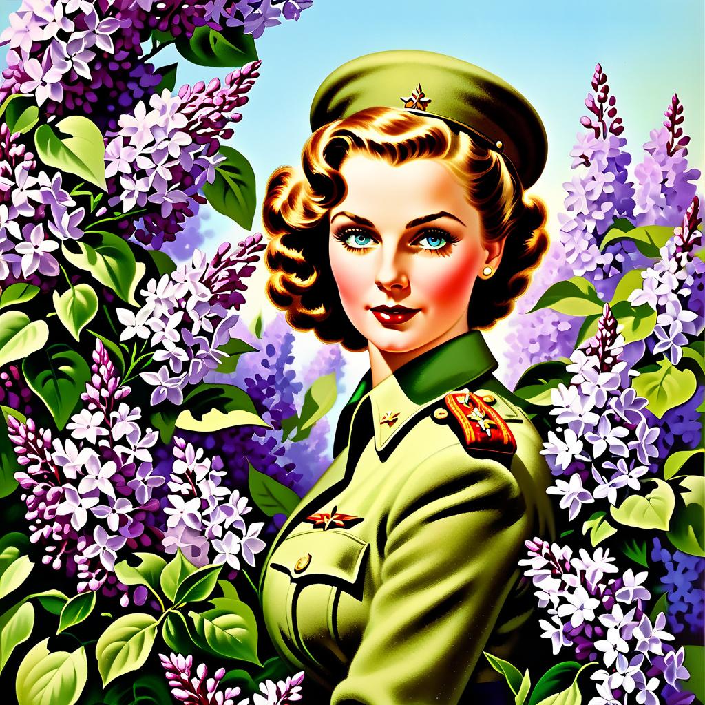  Advertising poster style Victory Day, postcard,covert,letter,salute,lilacs,1945 May,spring. . Professional, modern, product focused, commercial, eye catching, highly detailed hyperrealistic, full body, detailed clothing, highly detailed, cinematic lighting, stunningly beautiful, intricate, sharp focus, f/1. 8, 85mm, (centered image composition), (professionally color graded), ((bright soft diffused light)), volumetric fog, trending on instagram, trending on tumblr, HDR 4K, 8K