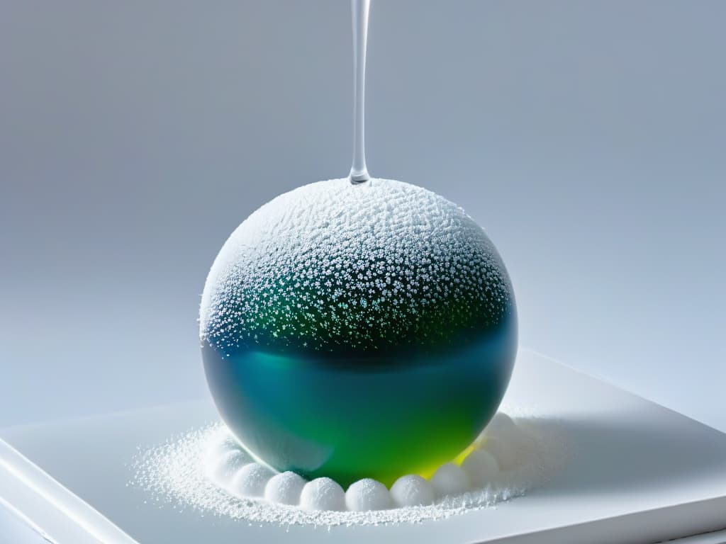  A closeup, ultradetailed image of a delicate sugar sphere suspended midair with a thin stream of flavored liquid being poured into it, showcasing the precision and artistry of molecular gastronomy. The sphere glistens under a soft spotlight, revealing intricate crystalline patterns as the liquid gently cascades into it, creating a mesmerizing and visually striking display of culinary innovation. hyperrealistic, full body, detailed clothing, highly detailed, cinematic lighting, stunningly beautiful, intricate, sharp focus, f/1. 8, 85mm, (centered image composition), (professionally color graded), ((bright soft diffused light)), volumetric fog, trending on instagram, trending on tumblr, HDR 4K, 8K