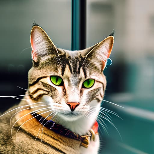 nvinkpunk Realistic image of a cat wearing headphones and reading glasses while riding a bus. hyperrealistic, full body, detailed clothing, highly detailed, cinematic lighting, stunningly beautiful, intricate, sharp focus, f/1. 8, 85mm, (centered image composition), (professionally color graded), ((bright soft diffused light)), volumetric fog, trending on instagram, trending on tumblr, HDR 4K, 8K