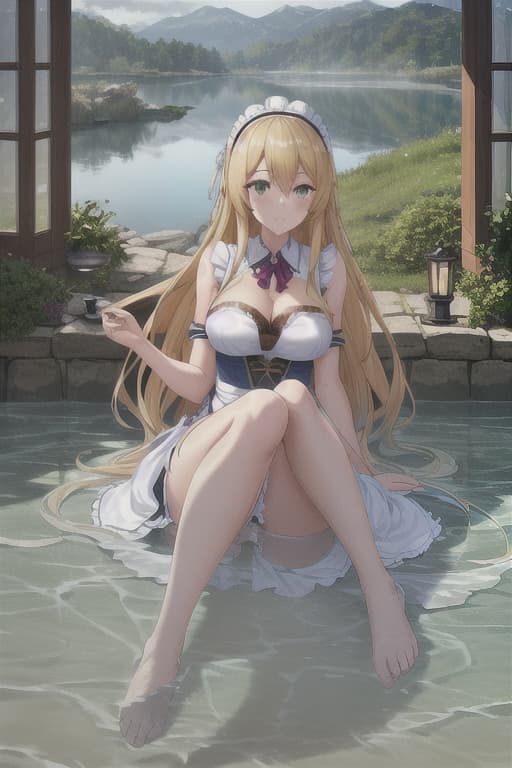  (score 9,score 8 up,score 7 up,),1girl,solo,maid,maid headdress,looking at viewer,outdoor,lake,apron,blonde hair,indoors,green eyes,bare foot,two feet in the water hyperrealistic, full body, detailed clothing, highly detailed, cinematic lighting, stunningly beautiful, intricate, sharp focus, f/1. 8, 85mm, (centered image composition), (professionally color graded), ((bright soft diffused light)), volumetric fog, trending on instagram, trending on tumblr, HDR 4K, 8K