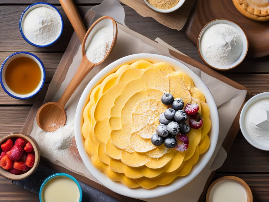  A beautifully minimalistic illustration of a colorful array of baking ingredients neatly organized on a wooden table, including flour, sugar, eggs, vanilla extract, and fresh berries in small bowls with wooden spoons, a rolling pin, and cookie cutters scattered around. The image showcases the potential for creativity and fun in baking, appealing to the young audience and evoking a sense of excitement and inspiration for the world of pastry arts. hyperrealistic, full body, detailed clothing, highly detailed, cinematic lighting, stunningly beautiful, intricate, sharp focus, f/1. 8, 85mm, (centered image composition), (professionally color graded), ((bright soft diffused light)), volumetric fog, trending on instagram, trending on tumblr, HDR 4K, 8K