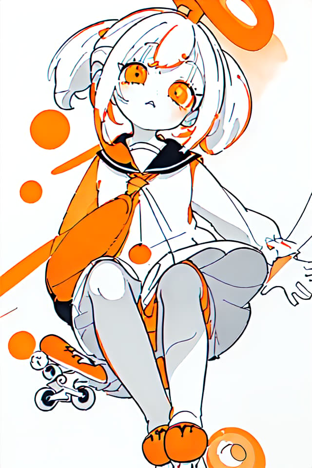  Masterpiece,(little girl:twin tail hair,sailor suit,white hair color,delicate hair color,orange eye color,delicate eye color,cool face,:1.1),(roller skating,slip,blow the wind:1.3)(round eyes,eyes highlight :1.3)(((limited only 3 colors,black and white and orange:1.4)))((head tilt:1.2))(looking up:1.3)(from above :1.3),quality,8K