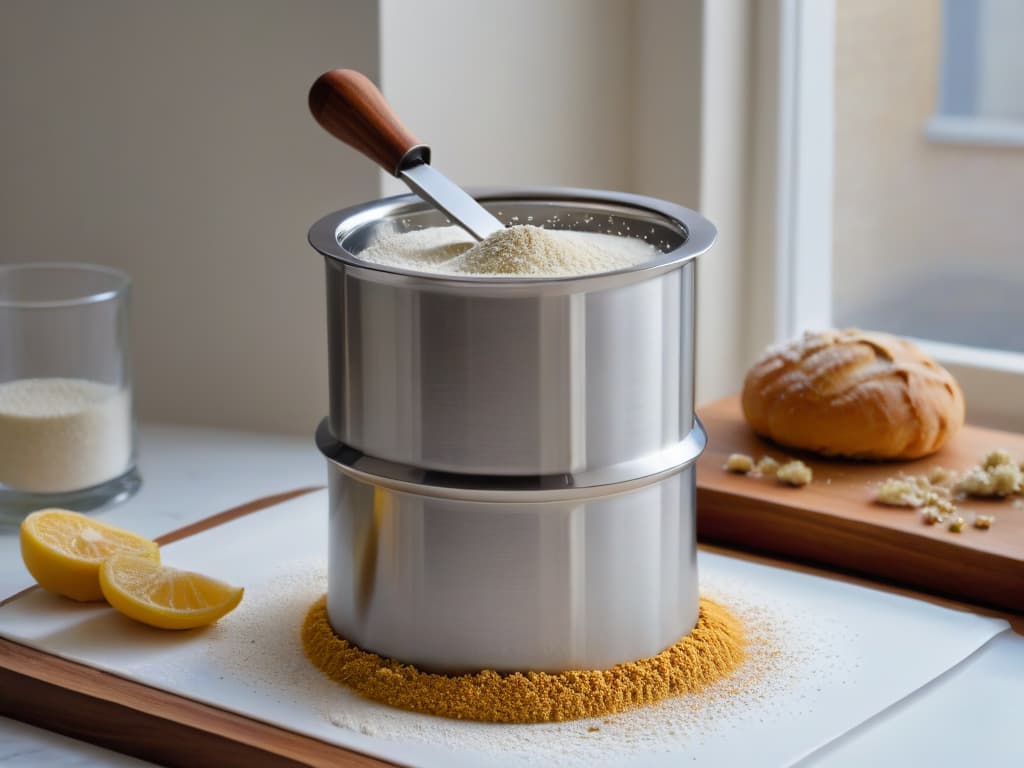  A closeup, photorealistic image of a sleek, stainless steel flour sifter with a fine mesh, sitting on a marble countertop. The soft natural light coming from a nearby window highlights the intricate details of the sifter, showcasing its craftsmanship and quality. The flour inside is perfectly sifted, creating a cloudlike effect as it cascades down into a mixing bowl below, hinting at the promise of a perfectly baked treat. hyperrealistic, full body, detailed clothing, highly detailed, cinematic lighting, stunningly beautiful, intricate, sharp focus, f/1. 8, 85mm, (centered image composition), (professionally color graded), ((bright soft diffused light)), volumetric fog, trending on instagram, trending on tumblr, HDR 4K, 8K