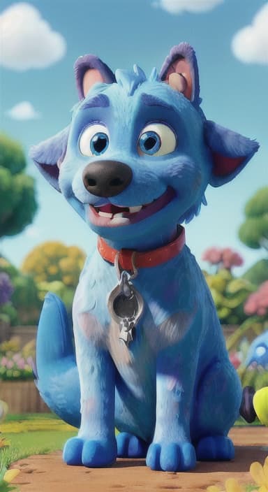  {Max carefully picking up the ball with his teeth without disturbing the flowers, The big blue dog is large with sky blue fur, big round eyes, a black nose, and floppy ears.