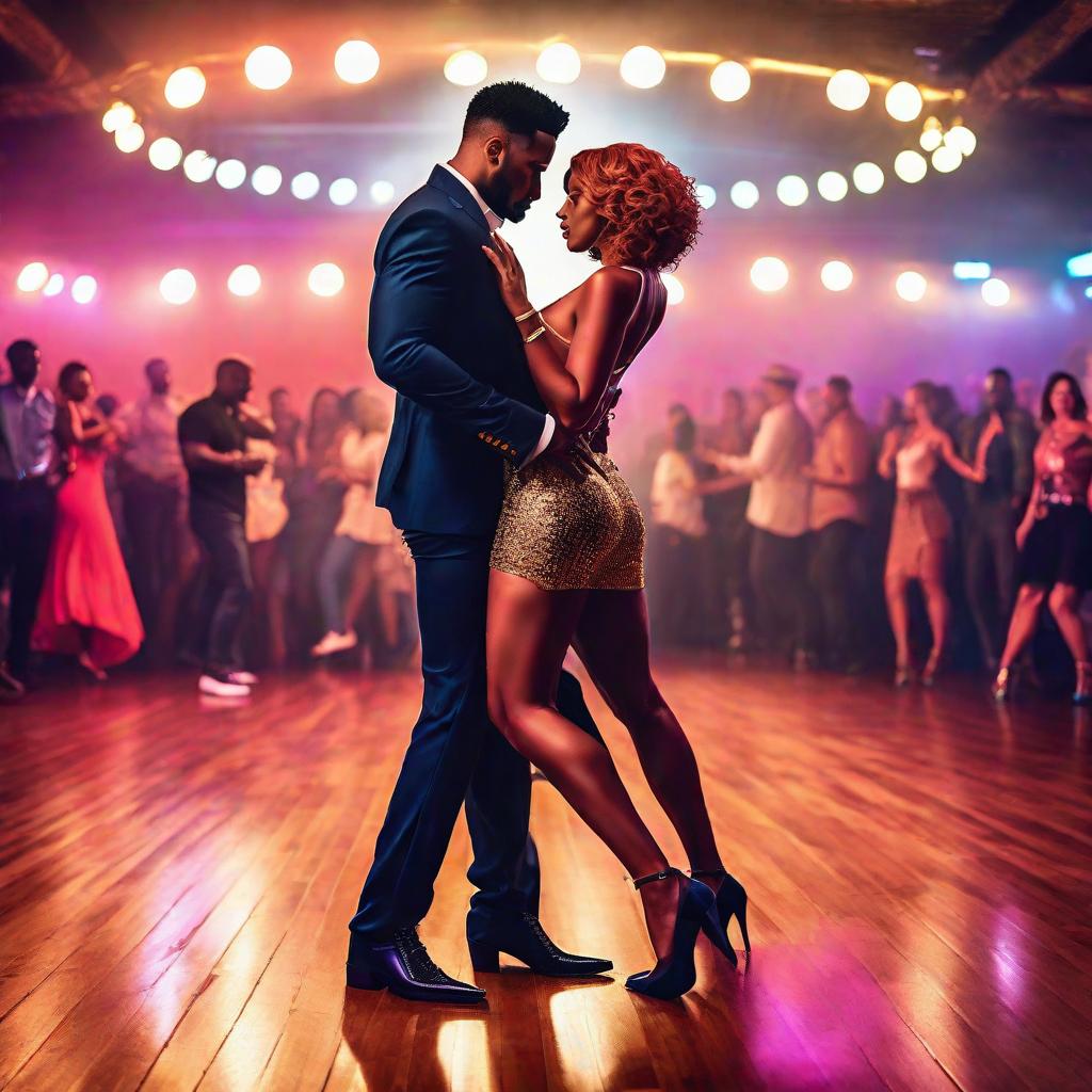  Kizomba fest at a dance floor hyperrealistic, full body, detailed clothing, highly detailed, cinematic lighting, stunningly beautiful, intricate, sharp focus, f/1. 8, 85mm, (centered image composition), (professionally color graded), ((bright soft diffused light)), volumetric fog, trending on instagram, trending on tumblr, HDR 4K, 8K