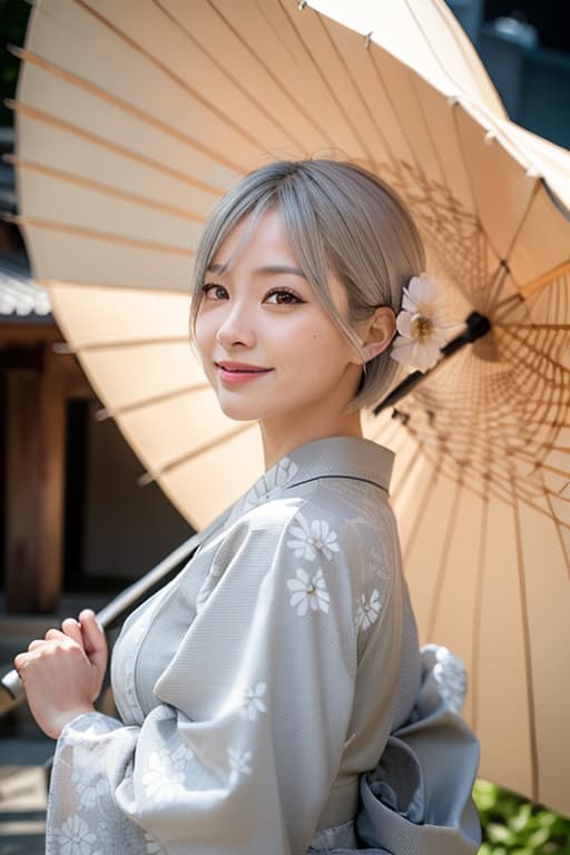  Tosho Rain pattern in Kyoto Senpo Smile Smile Short Hair Light Silver Hair, (Masterpiece, BestQuality:1.3), (ultra detailed:1.2), (hyperrealistic:1.3), (RAW photo:1.2),High detail RAW color photo, professional photograph, (Photorealistic:1.4), (realistic:1.4), ,professional lighting, (japanese), beautiful face, (realistic face)