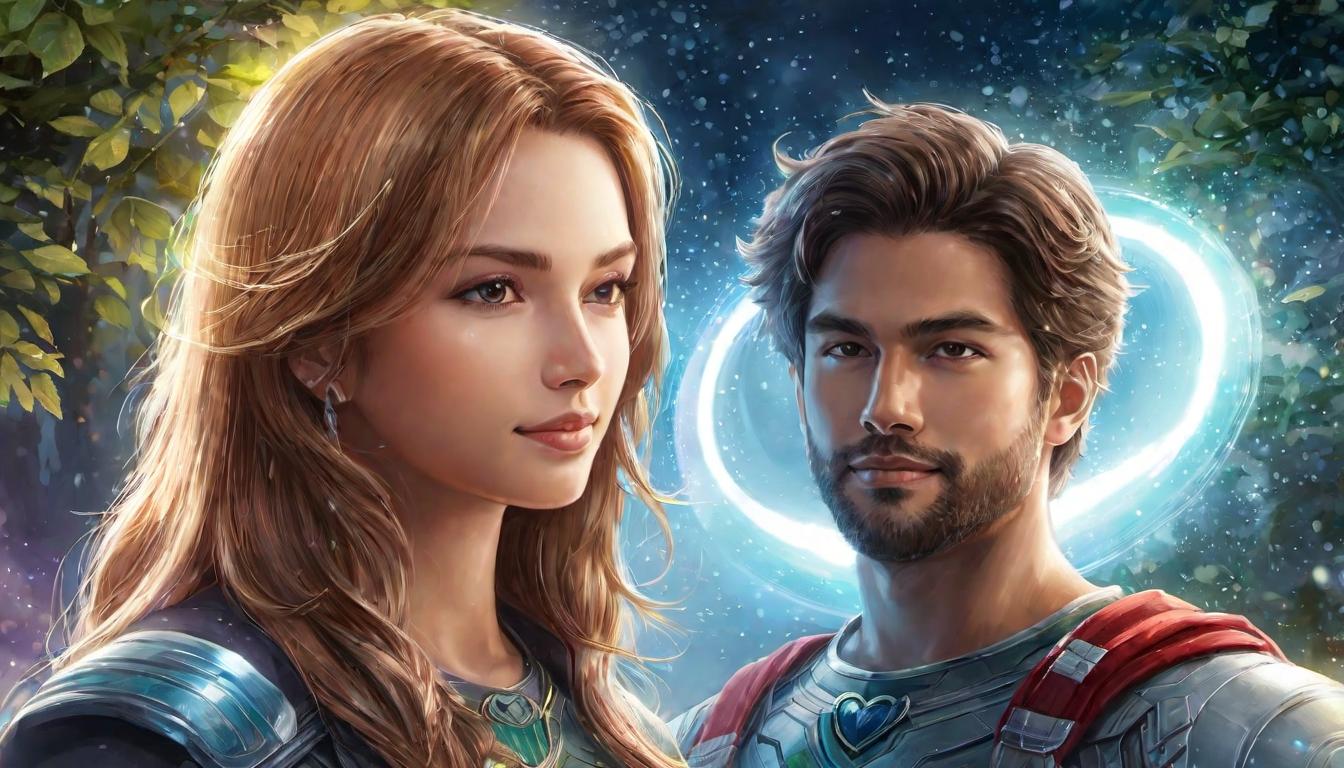  digital illustration Two people facing each other, genuine smiles, surrounded by a halo of light, transparency, sincerity, heart to heart connection looking at viewer, dynamic pose, (intricate details, masterpiece, best quality)