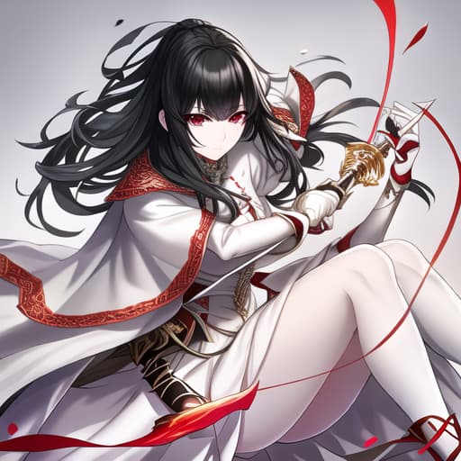  a girl manhua character with black hair and red eyes with white skin wearing knite dress and carrying a sword hyperrealistic, full body, detailed clothing, highly detailed, cinematic lighting, stunningly beautiful, intricate, sharp focus, f/1. 8, 85mm, (centered image composition), (professionally color graded), ((bright soft diffused light)), volumetric fog, trending on instagram, trending on tumblr, HDR 4K, 8K