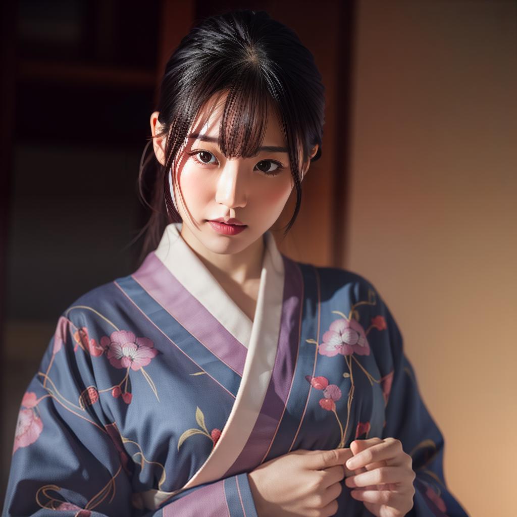  (masterpiece:1.3), (8k, photorealistic, photo, best quality: 1.4), (Japanese woman wearing clothes:),(realistic face), realistic eyes, (realistic skin), beautiful skin, kimono, (perfect body:1.3), (detailed body:1.2), hyperrealistic, full body, detailed clothing, highly detailed, cinematic lighting, stunningly beautiful, intricate, sharp focus, f/1. 8, 85mm, (centered image composition), (professionally color graded), ((bright soft diffused light)), volumetric fog, trending on instagram, trending on tumblr, HDR 4K, 8K