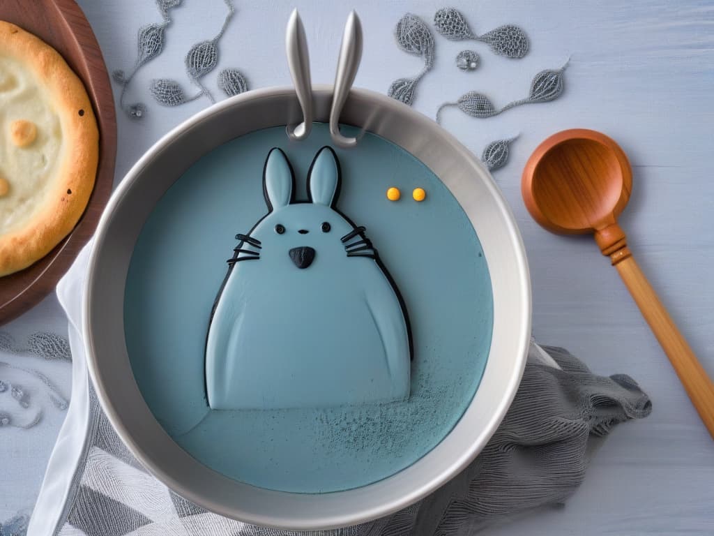  An ultradetailed image of a sleek, silver whisk with delicate Totoro engravings along the handle, reflecting the light in a modern kitchen setting. The whisk is surrounded by whimsical measuring spoons shaped like the soot sprites from Spirited Away, a rolling pin adorned with intricate patterns reminiscent of Howl's Moving Castle, and a charming cookie cutter in the form of Ponyo. Each utensil is exquisitely designed, embodying the magic of Studio Ghibli in a minimalist and elegant display. hyperrealistic, full body, detailed clothing, highly detailed, cinematic lighting, stunningly beautiful, intricate, sharp focus, f/1. 8, 85mm, (centered image composition), (professionally color graded), ((bright soft diffused light)), volumetric fog, trending on instagram, trending on tumblr, HDR 4K, 8K