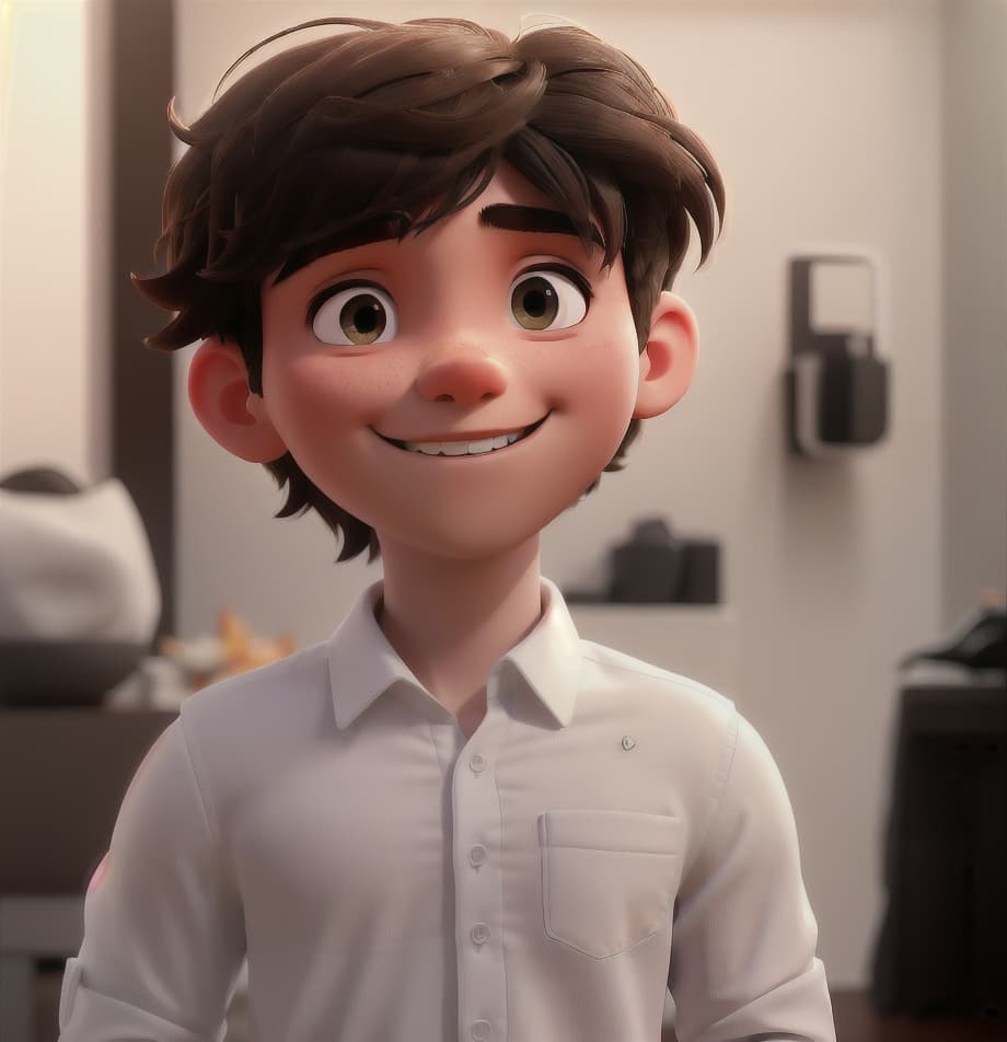 generate a portrait of this boy smiling, wearing a white shirt. behind him is a completely white background. hyperrealistic, full body, detailed clothing, highly detailed, cinematic lighting, stunningly beautiful, intricate, sharp focus, f/1. 8, 85mm, (centered image composition), (professionally color graded), ((bright soft diffused light)), volumetric fog, trending on instagram, trending on tumblr, HDR 4K, 8K