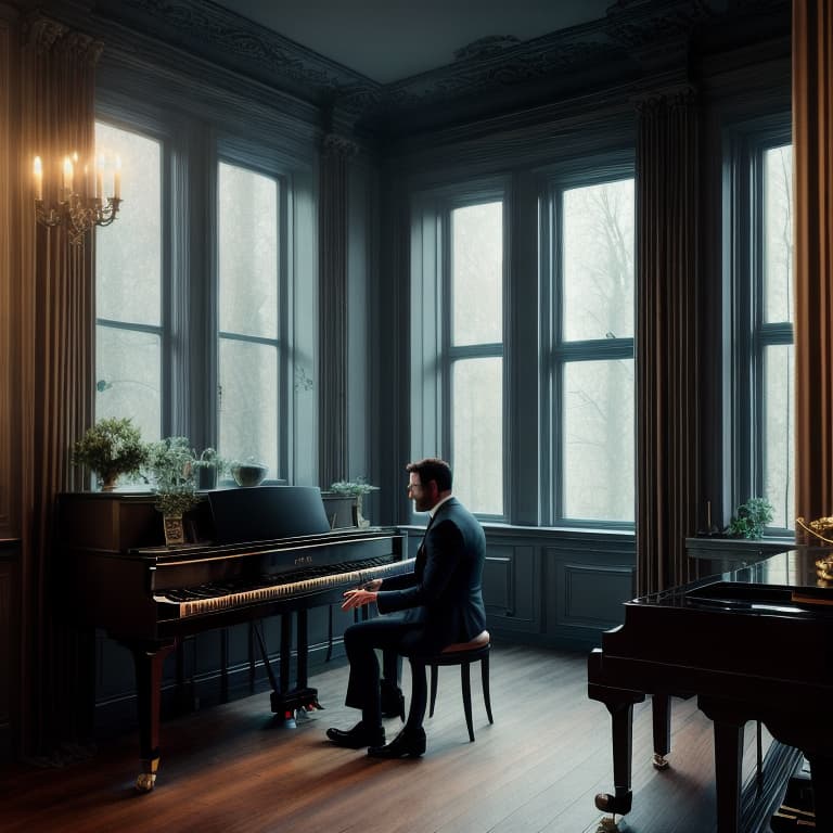  landscape man playing a piano in a dark room, light up only by candles. with a creepy window in the background hyperrealistic, full body, detailed clothing, highly detailed, cinematic lighting, stunningly beautiful, intricate, sharp focus, f/1. 8, 85mm, (centered image composition), (professionally color graded), ((bright soft diffused light)), volumetric fog, trending on instagram, trending on tumblr, HDR 4K, 8K