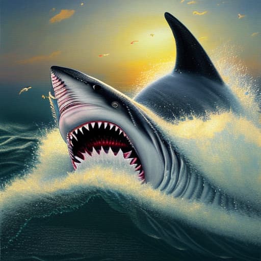 wa-vy style Highly detailed painting of cow riding a great white shark in the waves of the ocean