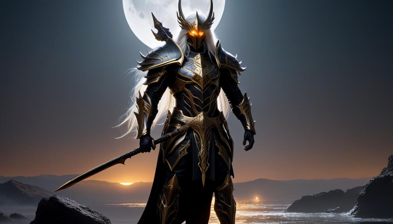  concept art , ((details)), ((masterpiece)) ((best quality)), ((Great)), Spectacular, Amazing, Anime, <full body> demonic creature born in the abyss of hell, Short and beautiful ((full height)), with brown skin, long silver hair, stern gaze of golden eyes with vertical pupils, wears jet black open armor and a helmet, ankle boots, (holds a long spear in his hand), moonlight, Night glow, . digital artwork, ilrative, painterly, matte painting, highly detailed hyperrealistic, full body, detailed clothing, highly detailed, cinematic lighting, stunningly beautiful, intricate, sharp focus, f/1. 8, 85mm, (centered image composition), (professionally color graded), ((bright soft diffused light)), volumetric fog, trending on instagram, trending on tumblr, HDR 4K, 8K