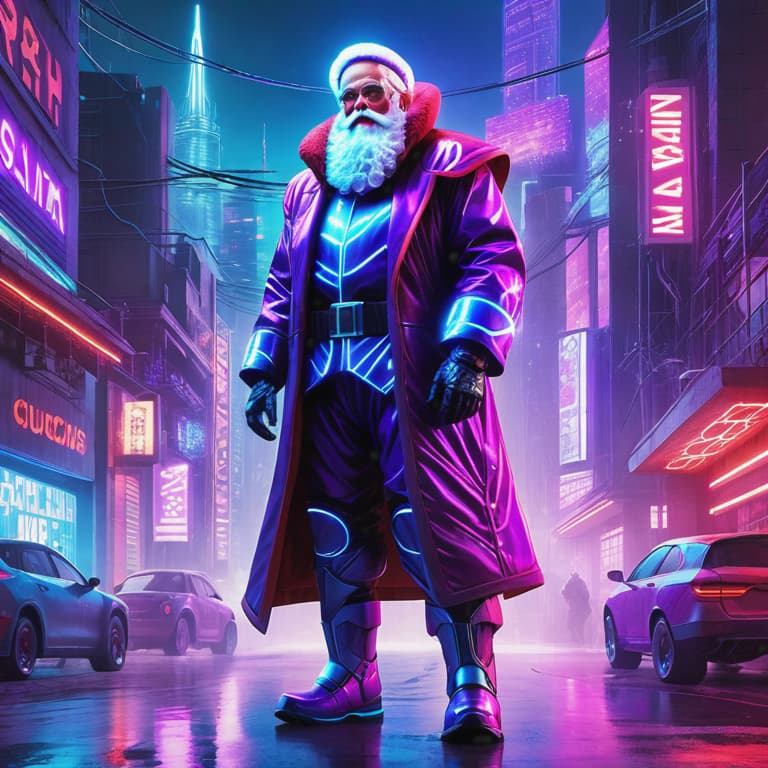  A stunning neon-drenched depiction of Santa Claus emerges from the depths of a dystopian cityscape. Bathed in vibrant hues of electric blue and pulsating purple, the figure of Santa stands tall, his iconic red suit transformed into a futuristic cyberpunk armor. Glowing circuitry lines his coat, signifying his upgraded robotic capabilities. With piercing blue eyes and a stern expression, Santa radiates power and authority as he navigates a world filled with high-tech gadgets and floating holographic billboards. Intricate details, such as cybernetic enhancements and an enhanced sleigh fueled by neon energy, bring this Cyberpunk Santa to life, transporting us to an alternate reality where Christmas takes on an otherworldly and high-tech aesthe hyperrealistic, full body, detailed clothing, highly detailed, cinematic lighting, stunningly beautiful, intricate, sharp focus, f/1. 8, 85mm, (centered image composition), (professionally color graded), ((bright soft diffused light)), volumetric fog, trending on instagram, trending on tumblr, HDR 4K, 8K