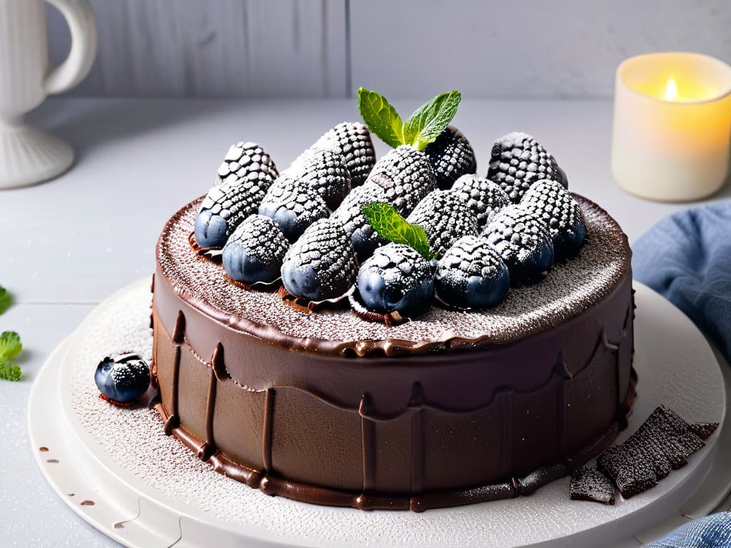  A minimalist, highresolution image of a decadent vegan chocolate cake topped with fresh berries, dusted with powdered sugar, and garnished with mint leaves on a sleek white plate, set against a clean, modern backdrop. hyperrealistic, full body, detailed clothing, highly detailed, cinematic lighting, stunningly beautiful, intricate, sharp focus, f/1. 8, 85mm, (centered image composition), (professionally color graded), ((bright soft diffused light)), volumetric fog, trending on instagram, trending on tumblr, HDR 4K, 8K