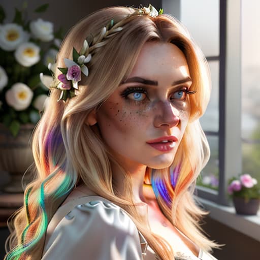  detailed and realistic portrait of a rapunzel maid with a few freckles, long blonde disheveled hairs, multicolor mesmerizing eyes, dark fluffy dress, soft natural lighting, portrait photography, magical photography, dramatic lighting, photo realism, ultra detailed, intimate portrait composition, flowers in background, Leica 50mm, f1. 4 hyperrealistic, full body, detailed clothing, highly detailed, cinematic lighting, stunningly beautiful, intricate, sharp focus, f/1. 8, 85mm, (centered image composition), (professionally color graded), ((bright soft diffused light)), volumetric fog, trending on instagram, trending on tumblr, HDR 4K, 8K