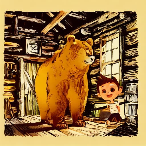  a boy with yellow hat and brown shirt and green pants, bear standing, in cabin