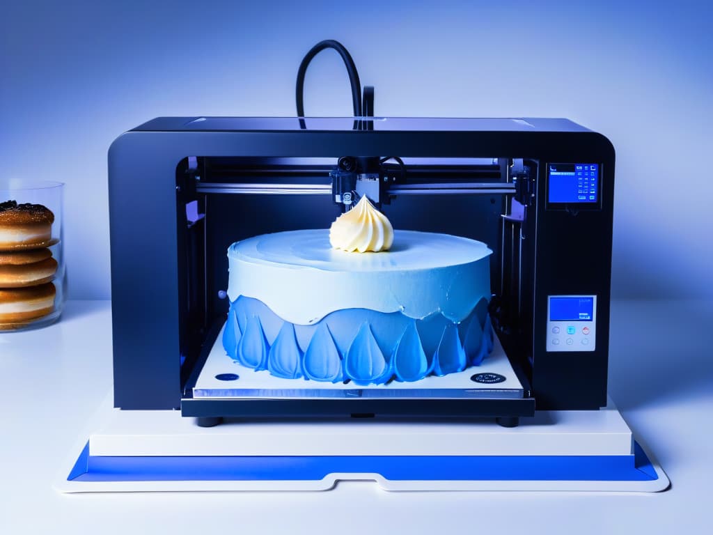  An ultradetailed 8k image of a sleek, futuristic 3D printer specifically designed for creating intricate pastry decorations. The printer is elegantly crafted with a matte black finish and glowing blue accents, sitting on a pristine white countertop. It is delicately extruding a fine stream of pastelcolored edible material, forming a stunningly detailed lacelike pattern on a perfectly frosted cake below. The lighting is soft, emphasizing the precision and beauty of the printing process, while the background remains clean and unobtrusive, highlighting the advanced technology and creativity in pastry making. hyperrealistic, full body, detailed clothing, highly detailed, cinematic lighting, stunningly beautiful, intricate, sharp focus, f/1. 8, 85mm, (centered image composition), (professionally color graded), ((bright soft diffused light)), volumetric fog, trending on instagram, trending on tumblr, HDR 4K, 8K