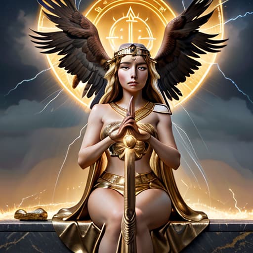  Io, priestess of the goddess Hera, makes a sacrifice in the rays of the sacred fire in the temple; in her right hand she holds a long gilded knife, and on her left shoulder sits an eagle with its wings spread, against the backdrop of a night thunderstorm with lightning, photorealism