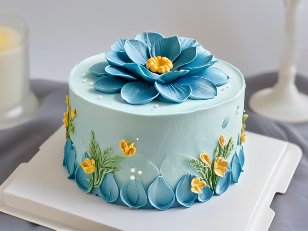  A closeup, highresolution image of a perfectly piped intricate buttercream flower on a beautifully decorated cake. The focus is on the delicate details of the petals and the precise piping work, showcasing expertlevel cake decorating skills. The color palette is soft pastels, complementing the elegant and professional tone of the article. hyperrealistic, full body, detailed clothing, highly detailed, cinematic lighting, stunningly beautiful, intricate, sharp focus, f/1. 8, 85mm, (centered image composition), (professionally color graded), ((bright soft diffused light)), volumetric fog, trending on instagram, trending on tumblr, HDR 4K, 8K