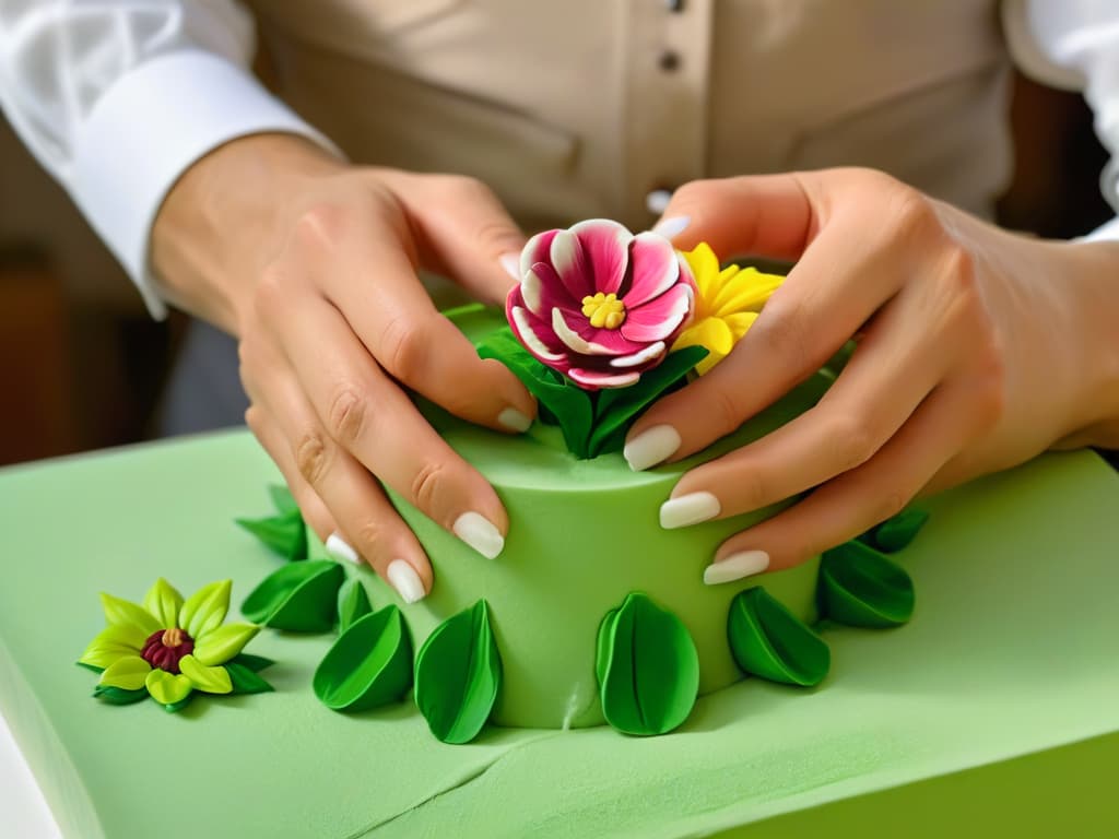  An intricately detailed closeup image of a sculptor's hands delicately molding ecofriendly sugar paste into a vibrant and lifelike flower, showcasing the meticulous artistry and sustainable nature of creating sugar sculptures. The hands are adorned with tools of the trade, highlighting the craftsmanship and dedication required for this unique art form. The background is a soft focus to emphasize the subject, with gentle natural light illuminating the scene, creating a serene and inspiring aesthetic. hyperrealistic, full body, detailed clothing, highly detailed, cinematic lighting, stunningly beautiful, intricate, sharp focus, f/1. 8, 85mm, (centered image composition), (professionally color graded), ((bright soft diffused light)), volumetric fog, trending on instagram, trending on tumblr, HDR 4K, 8K